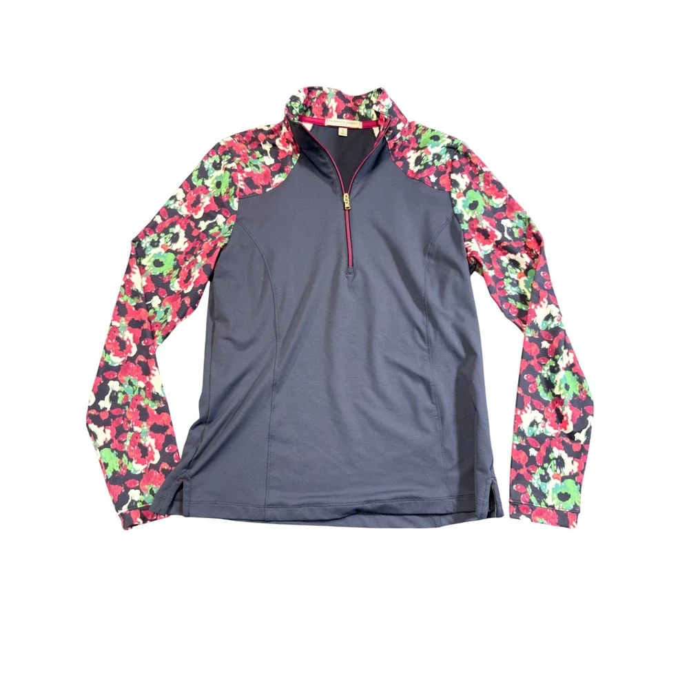 Fairway & Greene Floral Quarter Zip Pullover Size M Navy Blue EUC
